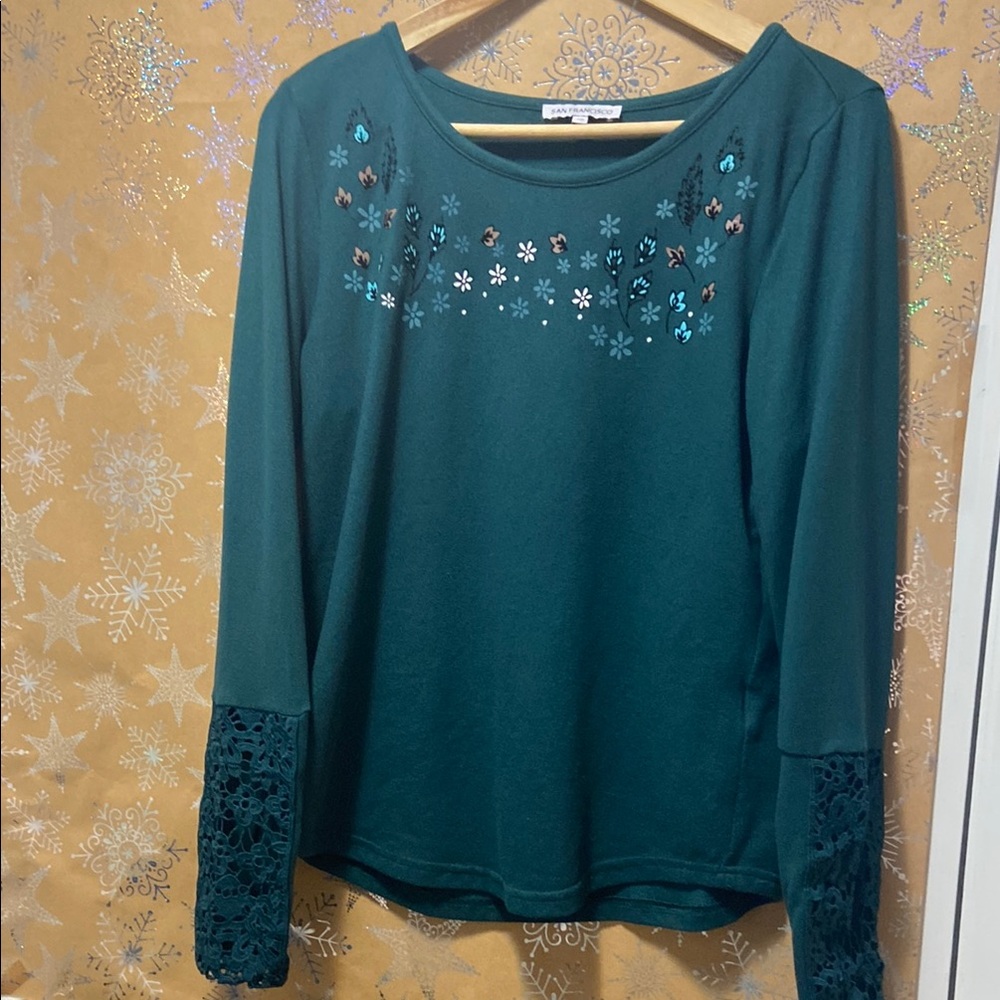 I.N. San Francisco Blue Embellished Long Sleeve Blouse